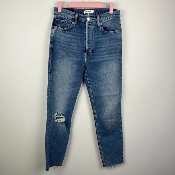 RE/DONE 90's High Rise Ankle Crop in Medium Worn Distressed Jeans Size: 29 - Picture 2 of 10
